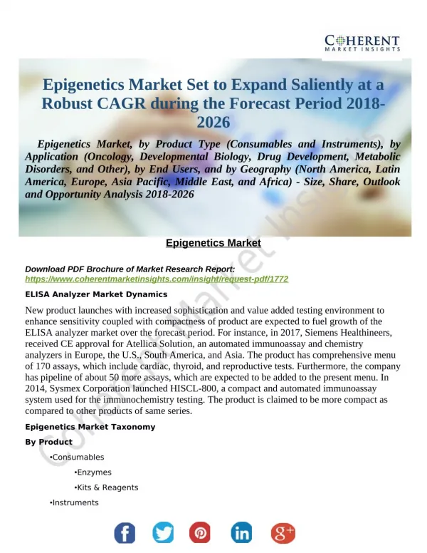 Epigenetics Market Set to Expand Saliently at a Robust CAGR during the Forecast Period 2018-2026