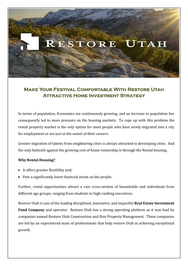 Make Your Festival Comfortable With Restore Utah Attractive Home Investment Strategy