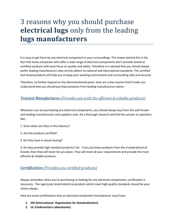 3 reasons why you should purchase electrical lugs only from the leading lugs manufacturers