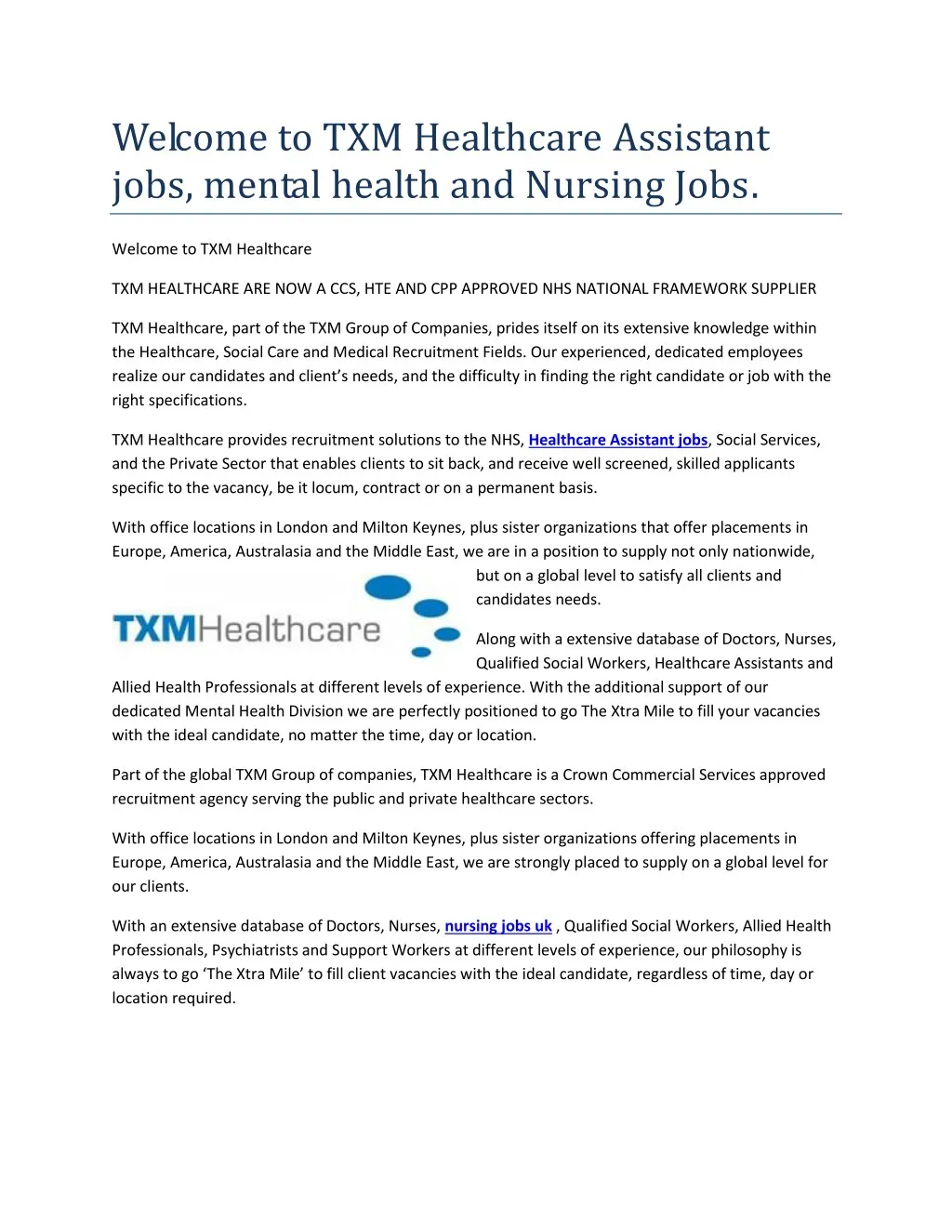 welcome to txm healthcare assistant jobs mental