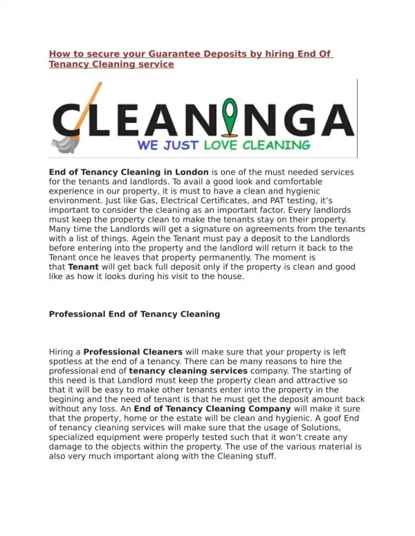How to secure your Guarantee Deposits by hiring End Of Tenancy Cleaning service