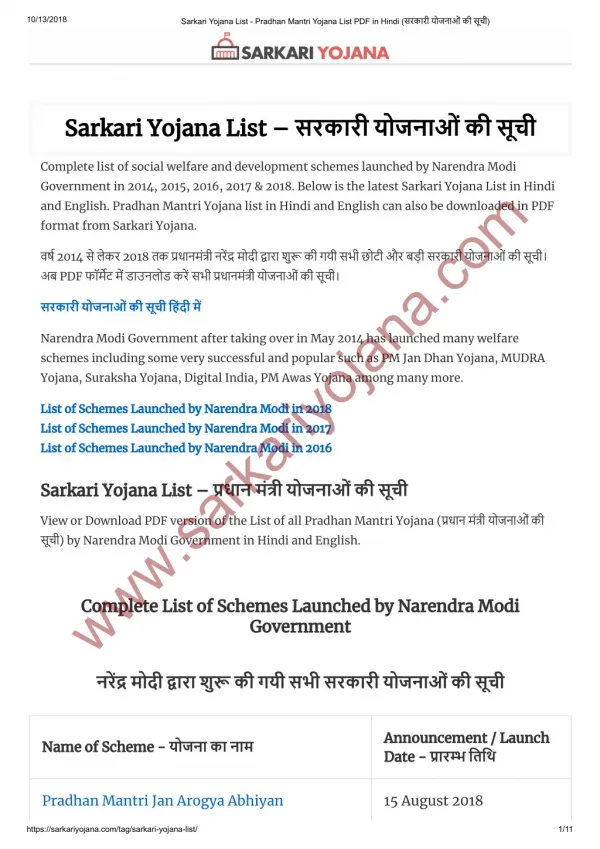 Sarkari Yojana List 2018 - Pradhan Mantri Yojana List PDF