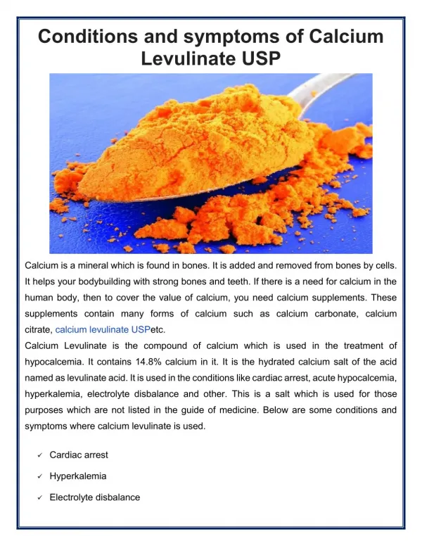 Various Conditions and symptoms of Calcium Levulinate USP