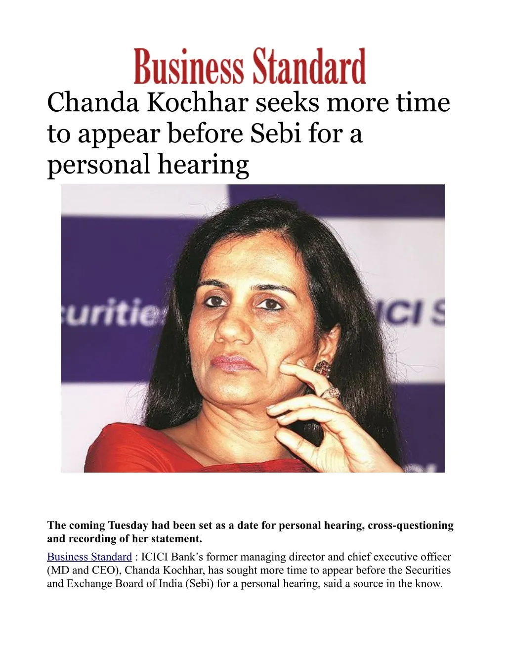 chanda kochhar seeks more time to appear before