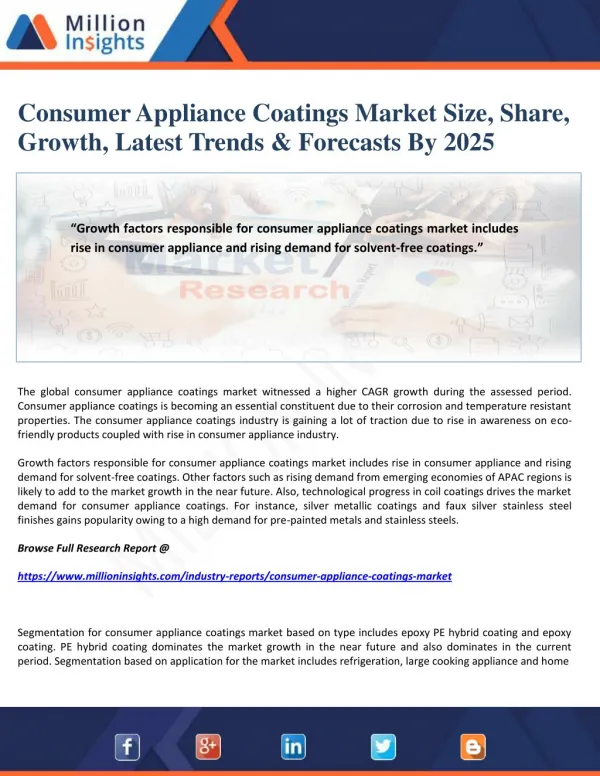 Consumer Appliance Coatings Market Size, Share, Growth, Latest Trends & Forecasts By 2025