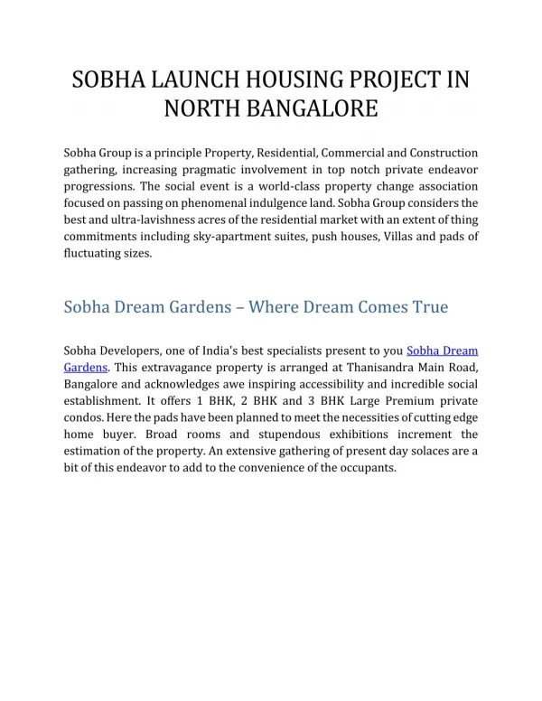Sobha launching housing project of Sobha Dream Gardens in Bellahalli Bangalore