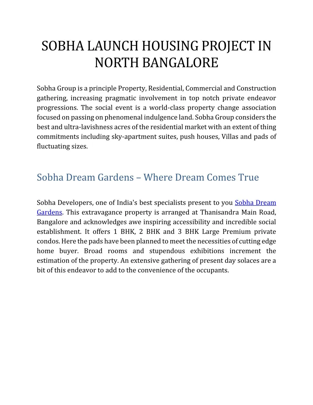 sobha launch housing project in north bangalore