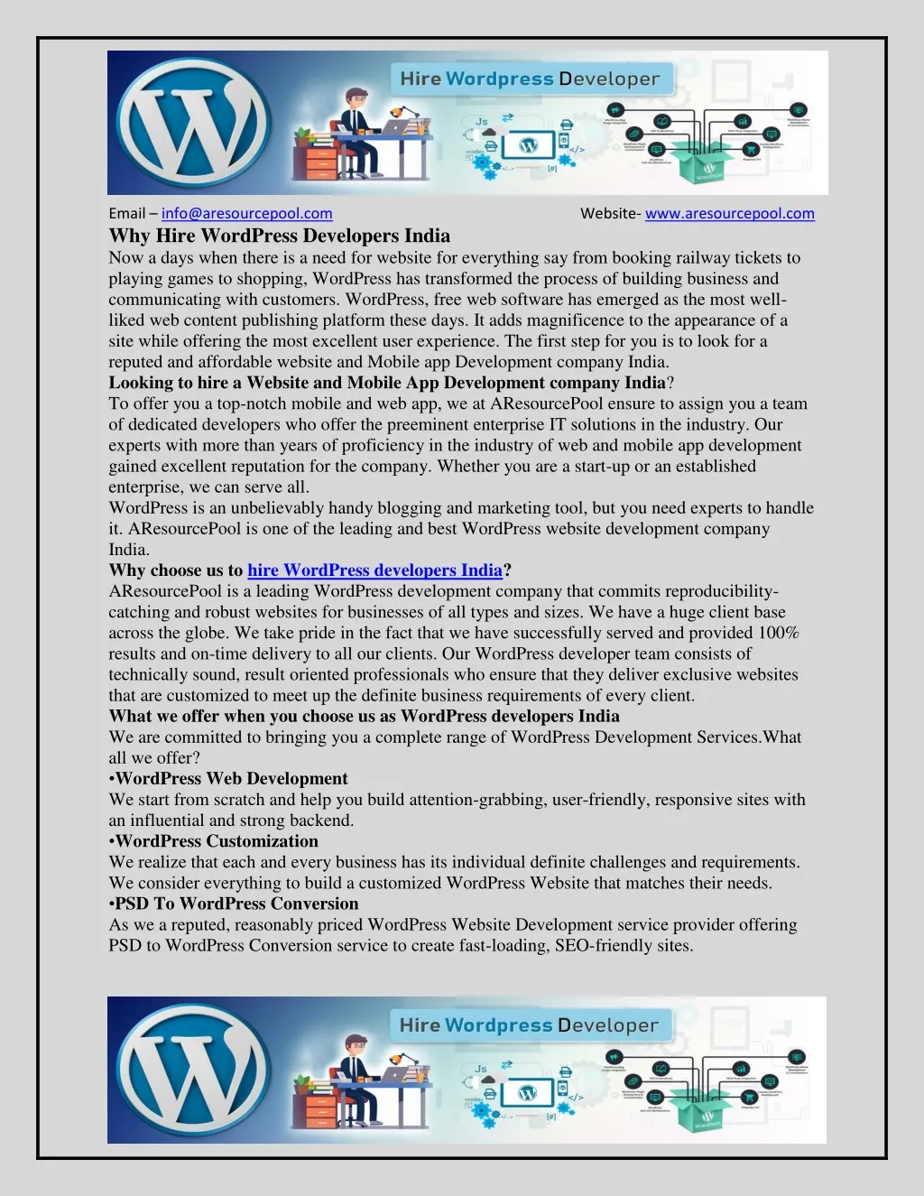 email info@aresourcepool com why hire wordpress