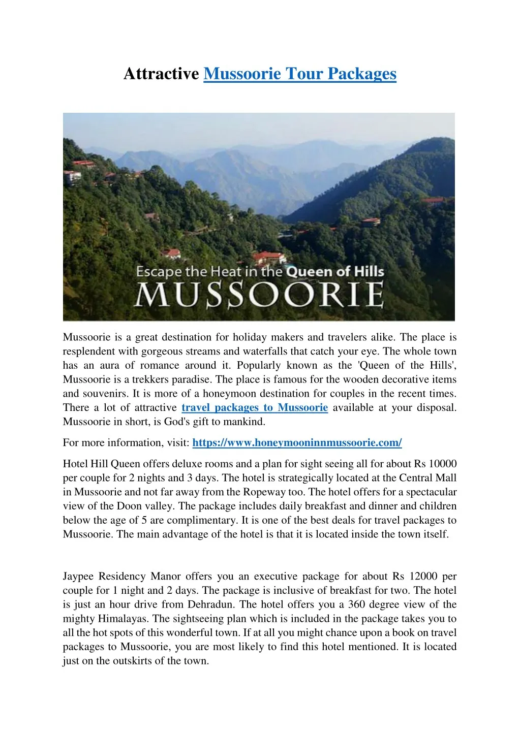 attractive mussoorie tour packages