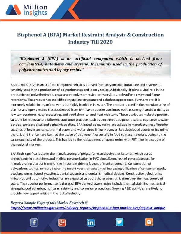 Bisphenol A (BPA) Market Restraint Analysis & Construction Industry Till 2020