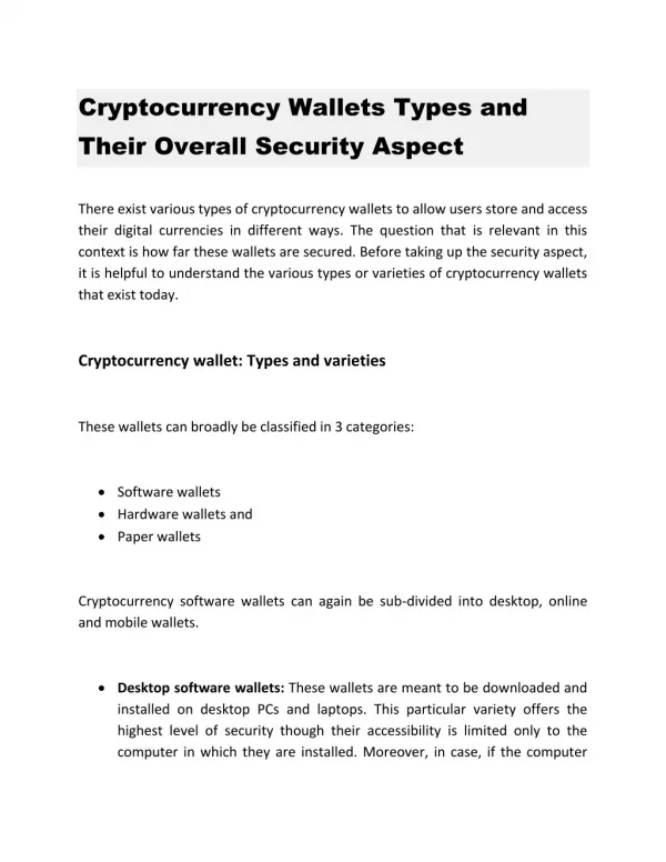 Cryptocurrency Wallets Types and Their Overall Security Aspect