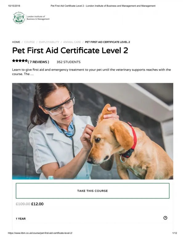 Pet First Aid Certificate Level 2 - LIBM