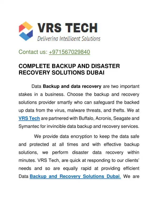 Disaster Backup and Recovery solution in Dubai UAE | VRS Tech