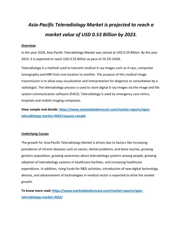 Asia Pacific Teleradiology Market Market value worth USD 0.29 Billion 2023 | Market Data Forecast