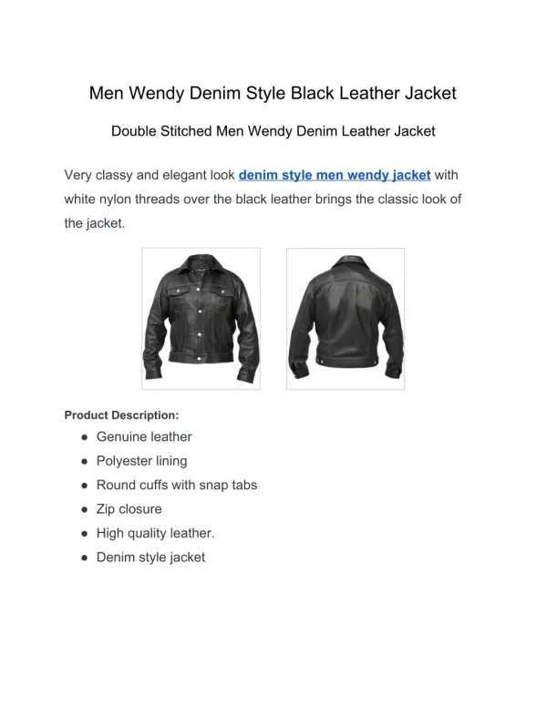 Men Wendy Denim Style Black Leather Jacket