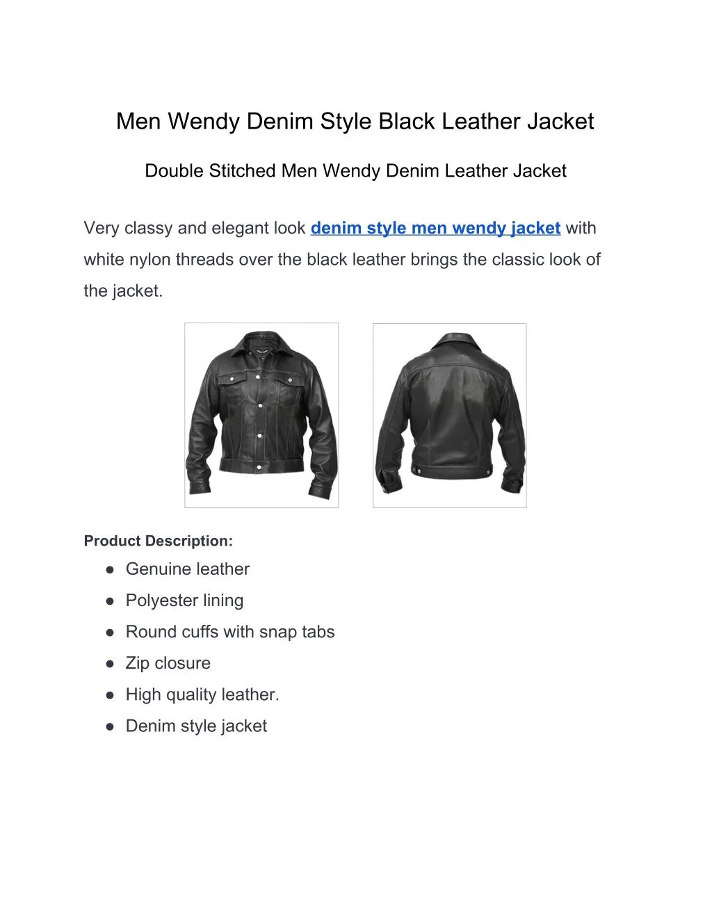 men wendy denim style black leather jacket