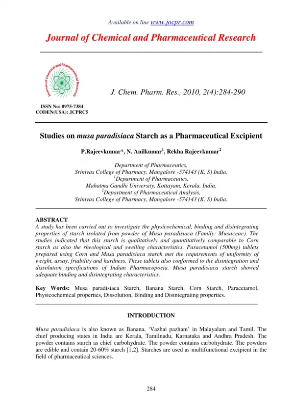 Studies on musa paradisiaca Starch as a Pharmaceutical Excipient