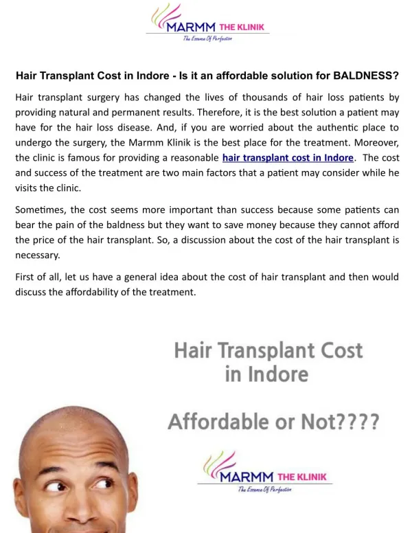 Hair Transplant Cost in Indore - Is it an affordable solution for BALDNESS?