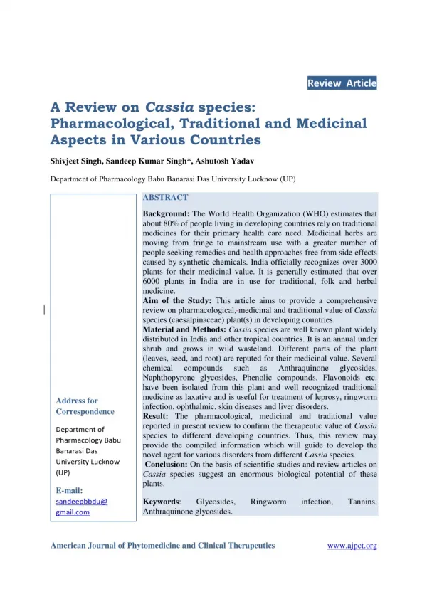 A Review on Cassia species: Pharmacological, Traditional and Medicinal Aspects in Various Countries