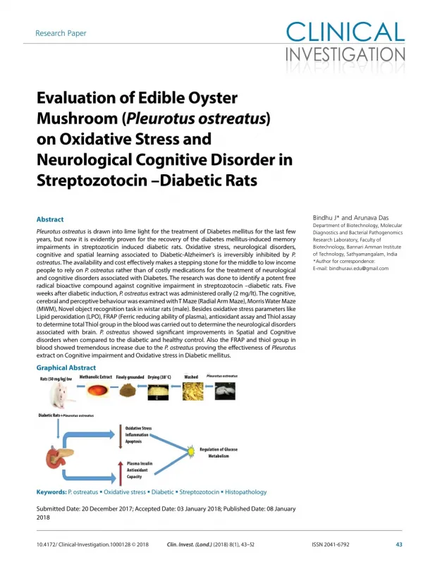 Evaluation of Edible Oyster Mushroom (Pleurotus ostreatus) on Oxidative Stress and Neurological Cognitive Disorder in St