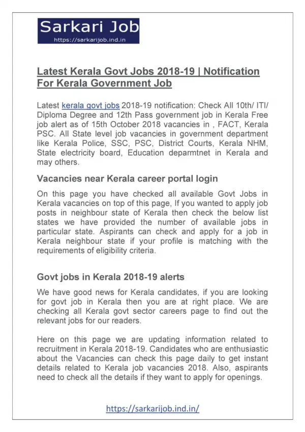 Latest Kerala Govt Jobs 2018-19 | Notification For Kerala Government Job