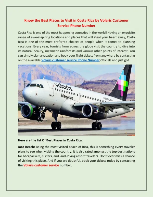 Volaris Customer Service Phone Number for Ideal Places in Costa Rica