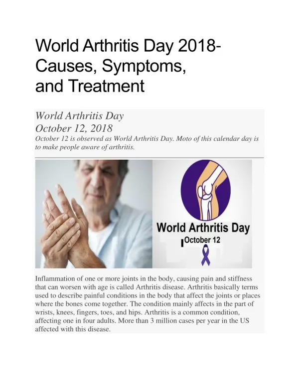 World Arthritis Day 2018- Causes, Symptoms, and Treatment