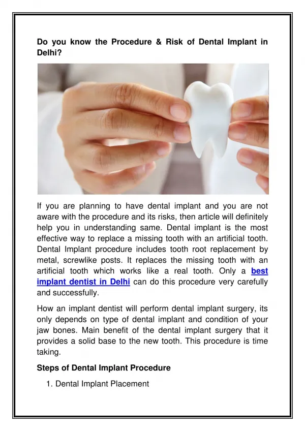 Do you know the Procedure & Risk of Dental Implant in Delhi?