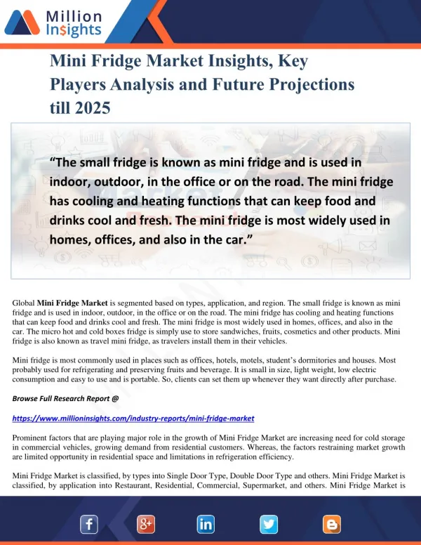 Mini Fridge Market Insights, Key Players Analysis and Future Projections till 2025