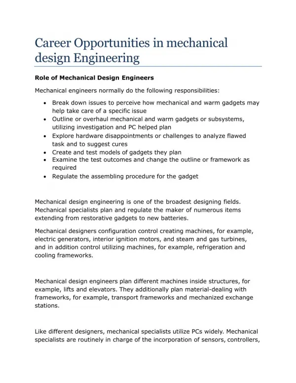 Career Opportunities in mechanical design Engineering