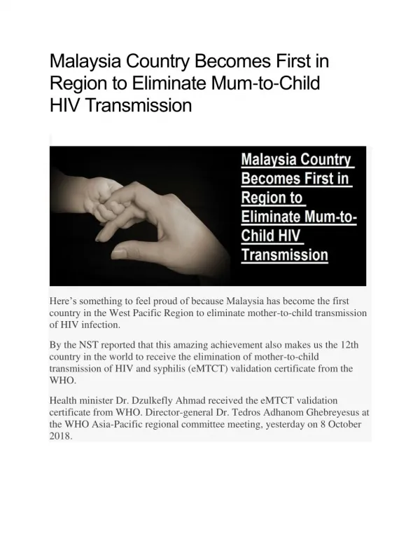 Malaysia Country Becomes First in Region to Eliminate Mum-to-Child HIV Transmission