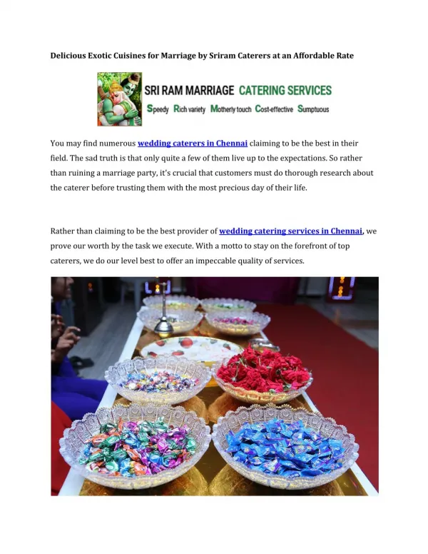 Delicious Exotic Cuisines for Marriage by Sriram Caterers at an Affordable Rate