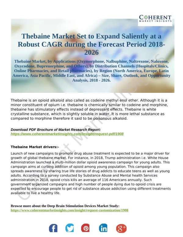 Thebaine Market Set to Expand Saliently at a Robust CAGR during the Forecast Period 2018-2026