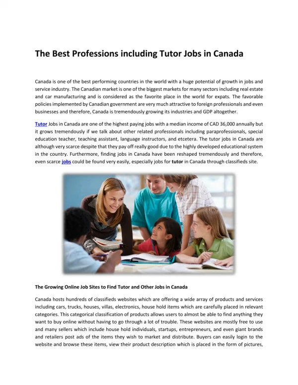 The Best Professions including Tutor Jobs in Canada