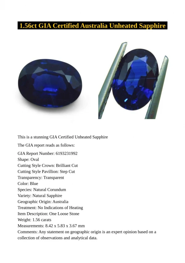 1.56ct GIA Certified Australia Unheated Sapphire Stones