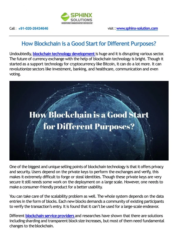 How Blockchain is a Good Start for Different Purposes?