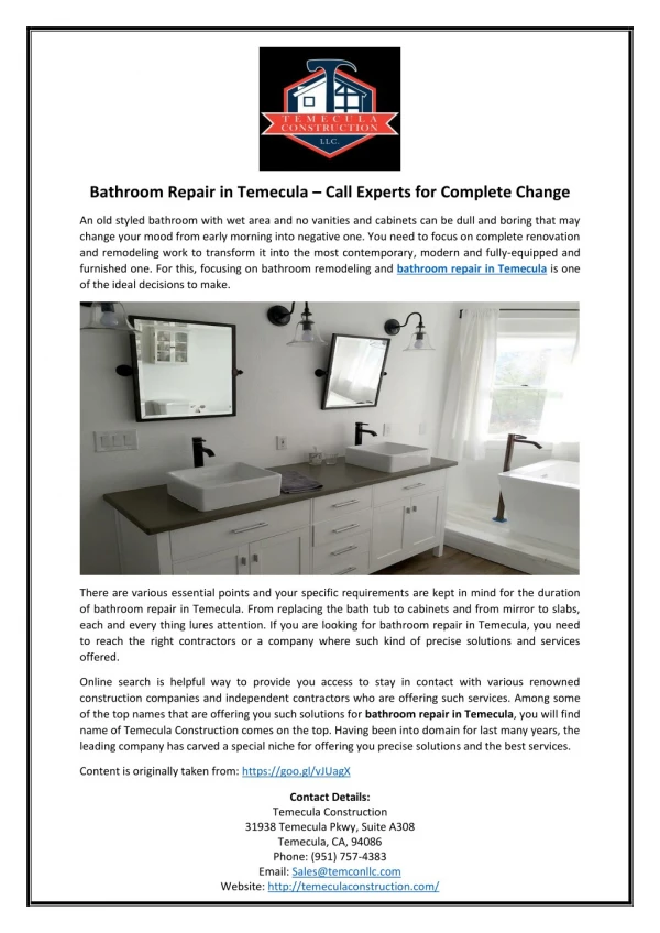 Bathroom Repair in Temecula – Call Experts for Complete Change