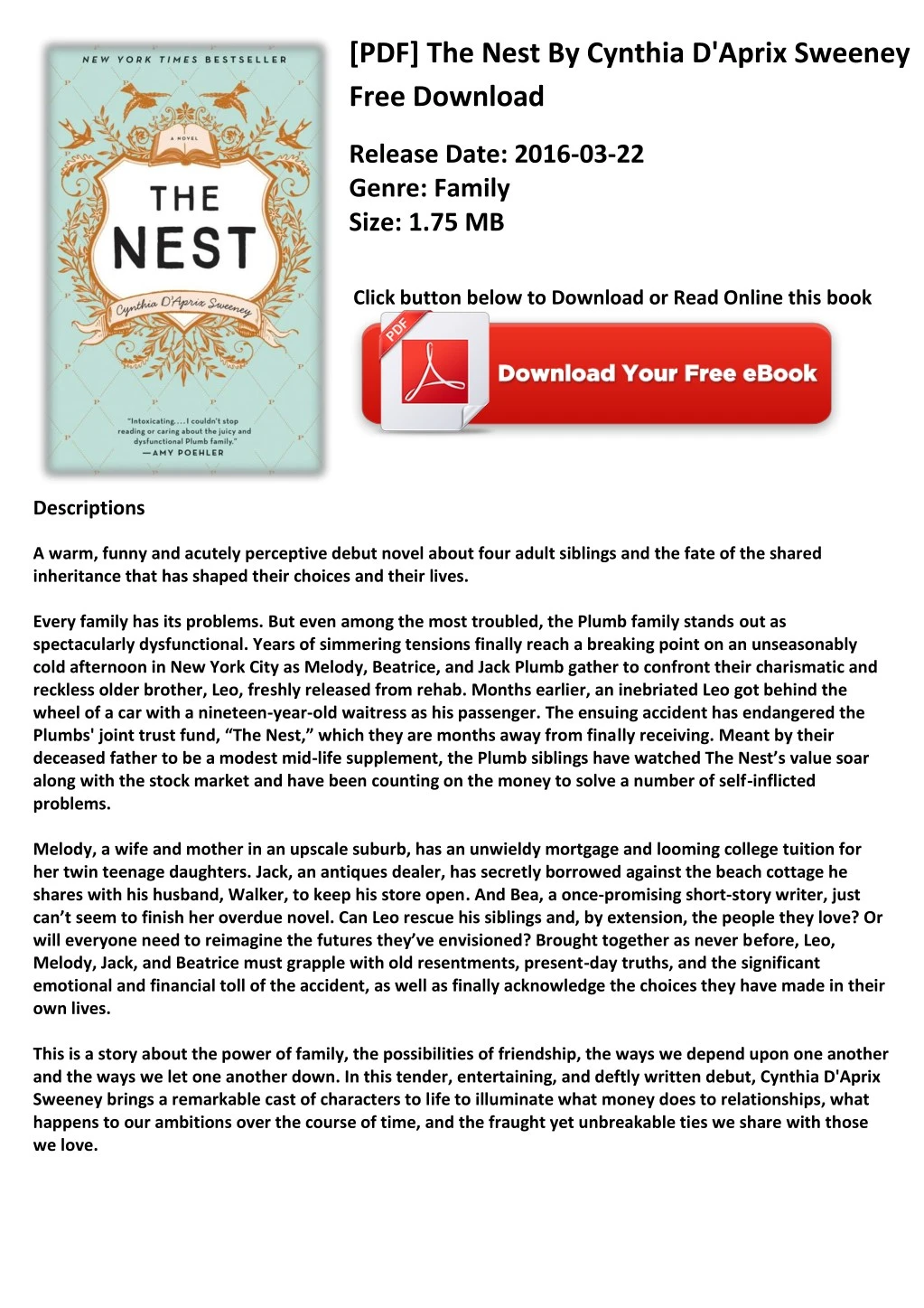 pdf the nest by cynthia d aprix sweeney free