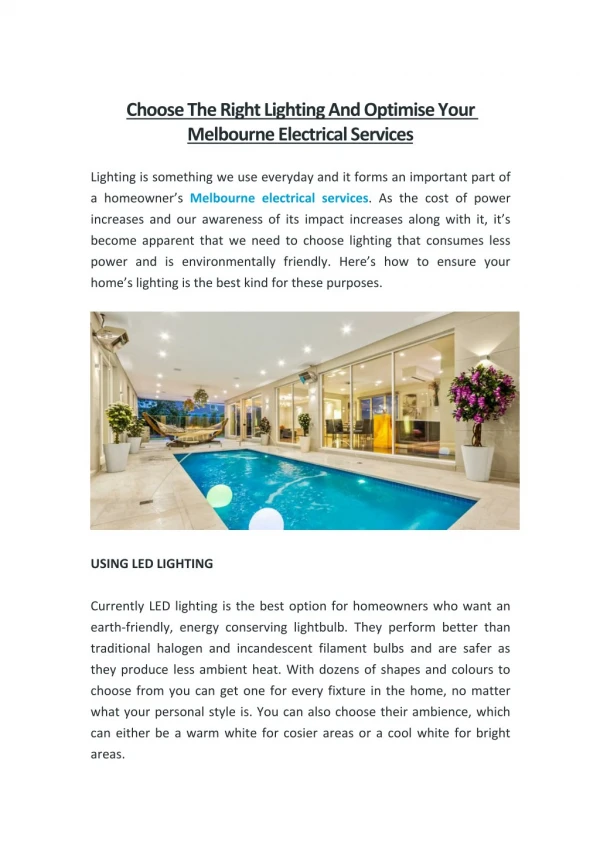 Choose The Right Lighting And Optimise Your Melbourne Electrical Services