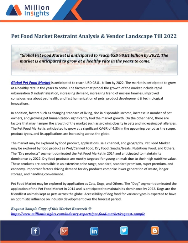Pet Food Market Restraint Analysis & Vendor Landscape Till 2022
