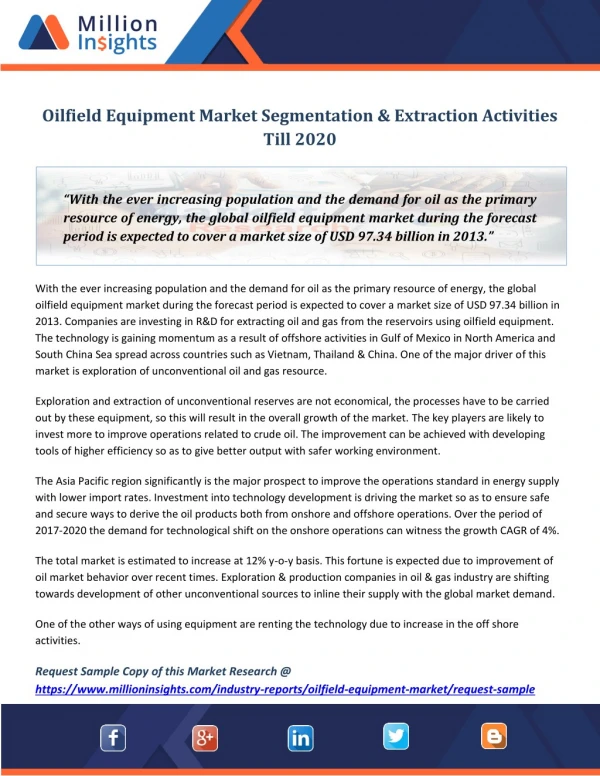 Oilfield Equipment Market Segmentation & Extraction Activities Till 2020