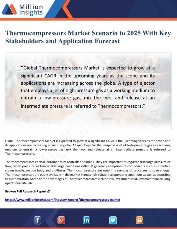 Thermocompressors Market Scenario to 2025 With Key Stakeholders and Application Forecast