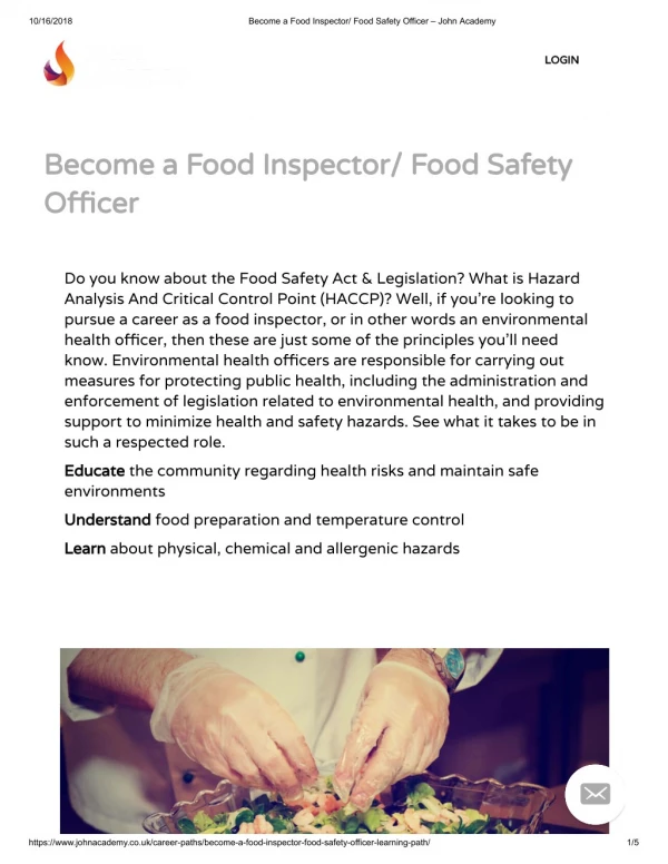 Become a Food Inspector/ Food Safety Officer course - John Academy