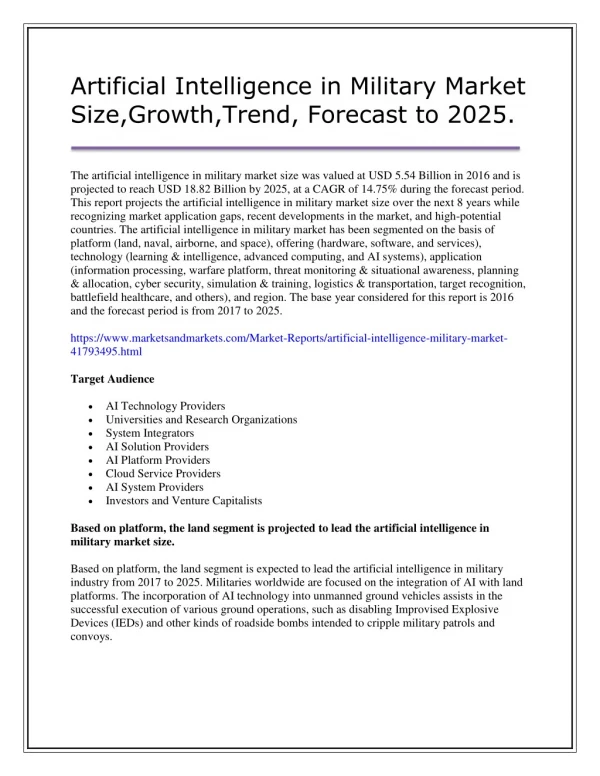 Artificial Intelligence in Military Market Size,Growth,Trend,Forecast to 2025.