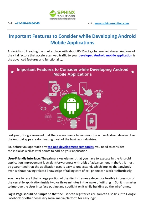 Important features to consider while developing android mobile applications