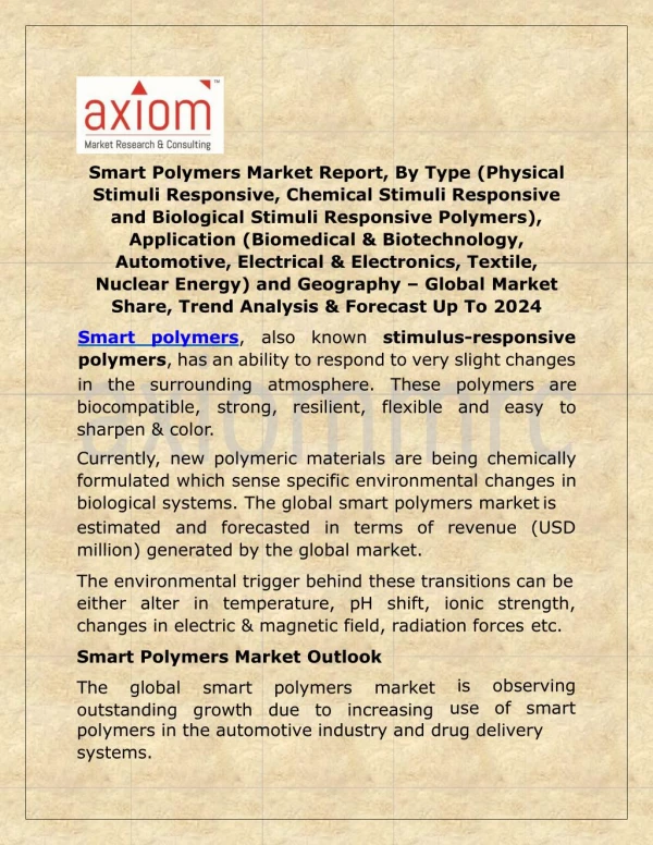 Smart Polymers Market Trends, Size, Share, Growth and Forecast 2024