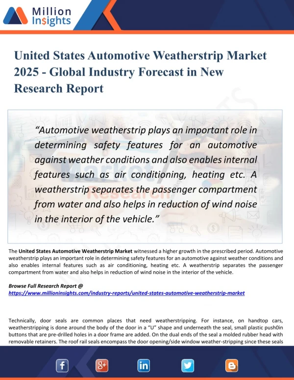 United States Automotive Weatherstrip Market Share, Trends, Growth, Type, Proposition and Application Forecast to 2025