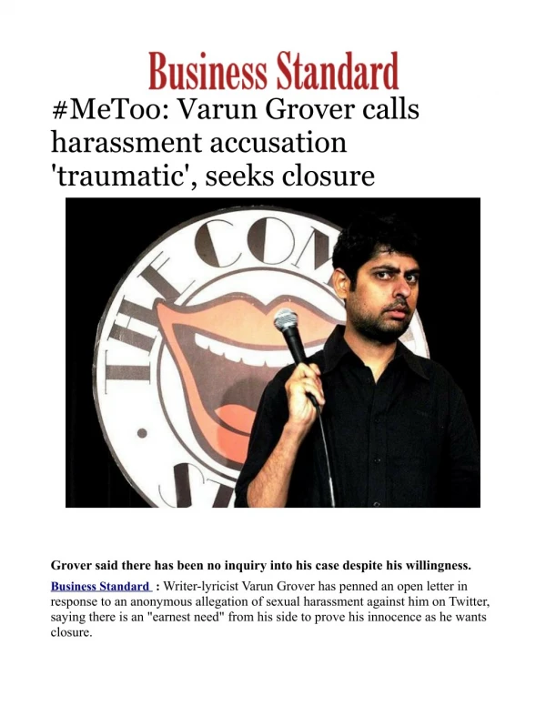 #MeToo: Varun Grover calls harassment accusation 'traumatic', seeks closure