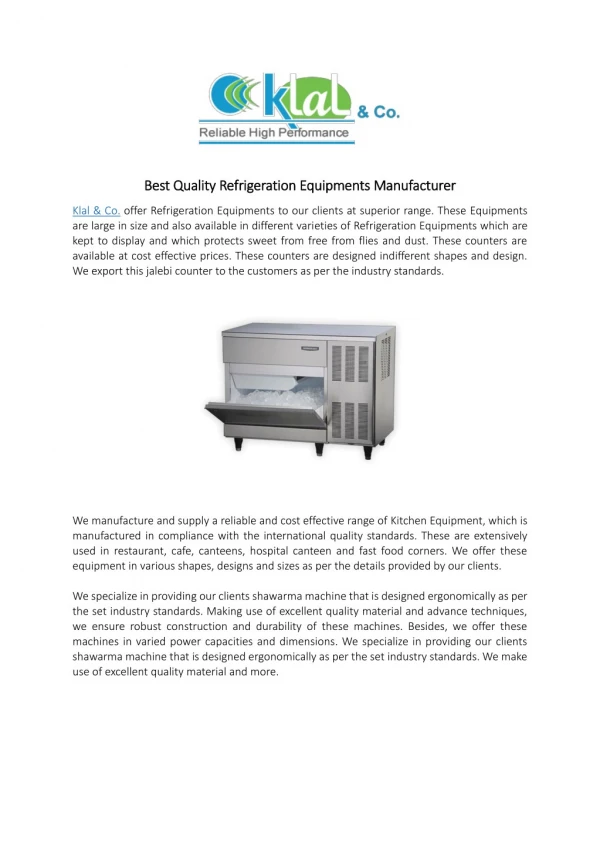 Best Quality Refrigeration Equipments Manufacturer