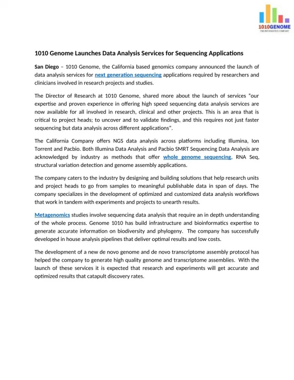 1010 Genome Launches Data Analysis Services for Sequencing Applications